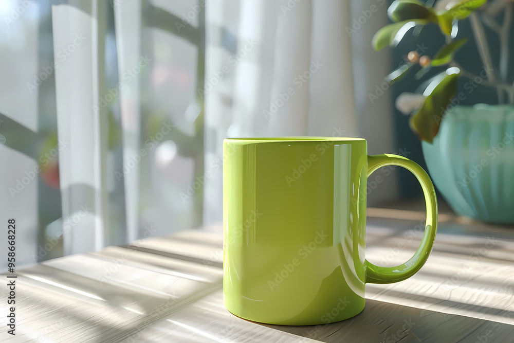 A vibrant green coffee mug sits on a sunlit wooden table, surrounded by soft curtains and peaceful plant life. A vibrant green coffee mug sits on a sunlit wooden table, surrounded by soft curtains and peaceful plant life.