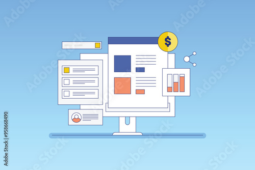 Blog generating revenue. Blog post appearing on search engine result page, blog page with high traffic volume, Blogging for business. Vector illustration background.