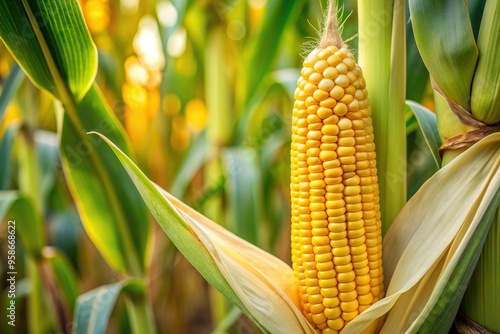 A medium shot of a stalk of corn with a single yellow kernel on top, yellow, countryside, mature, yellowish, healthy, rural, autumn, vibrant, grain, harvest, corn, kernel, crop, nutritious