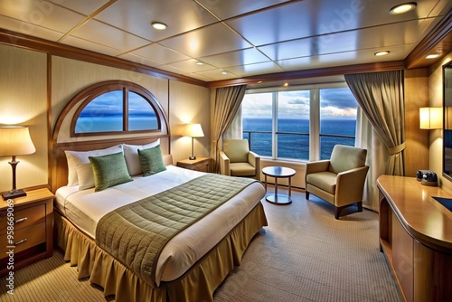 Stunning view of a luxurious ocean liner cabin stateroom captured from a unique worm s eye perspective, interior, comfortable, accommodation, window, cabin, elegant,ocean liner, stateroom photo