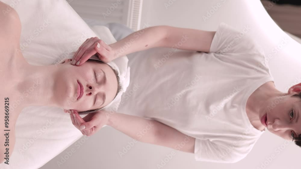 A woman massage therapist gives a girl a facial massage and cosmetic procedures. A woman massage therapist gives a girl a facial massage and cosmetic procedures.