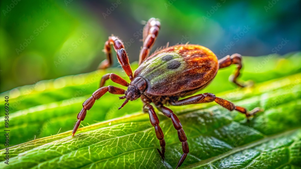 Macro shot of a lone tick crawling on a green leaf, its tiny legs and antennae visible, set Macro shot of a lone tick crawling on a green leaf, its tiny legs and antennae visible, set