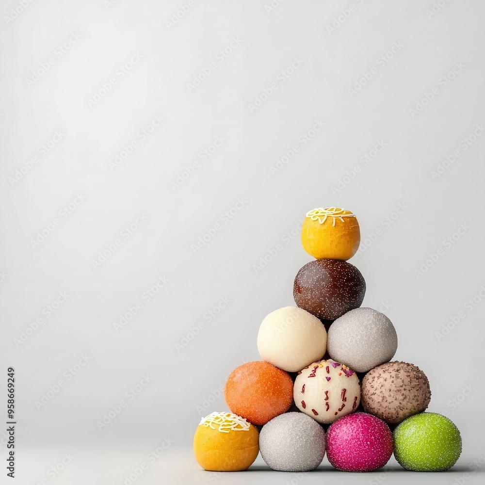 Diwali sweets, stacked in pyramid shape, 3D illustration, copy space for text, Diwali sweets, stacked in pyramid shape, 3D illustration, copy space for text,