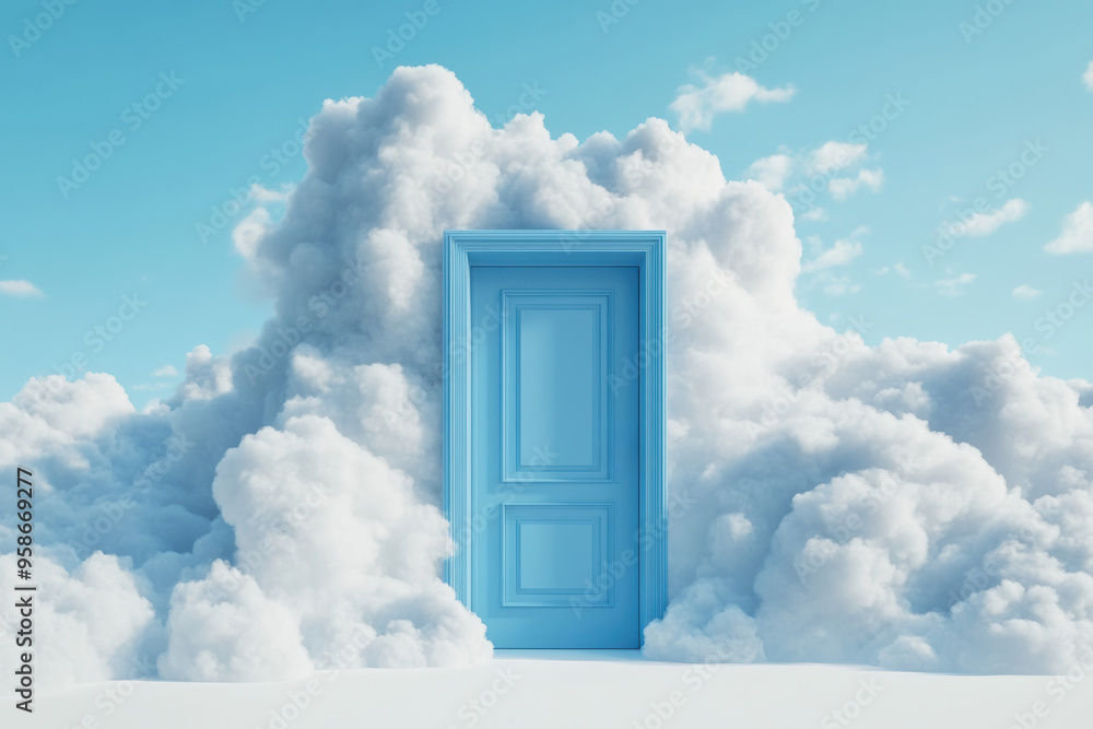 Surreal image of a closed blue door floating among fluffy clouds under a bright blue sky, evoking a sense of mystery and fantasy. Surreal image of a closed blue door floating among fluffy clouds under a bright blue sky, evoking a sense of mystery and fantasy.