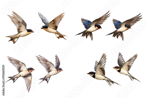 Swallows flying isolated on white background Flight Freedom Concept