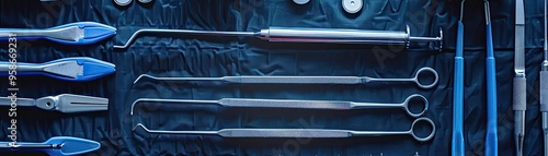 Close-up of dental tools arranged neatly on a blue surface, highlighting precision instruments for oral care and hygiene. photo