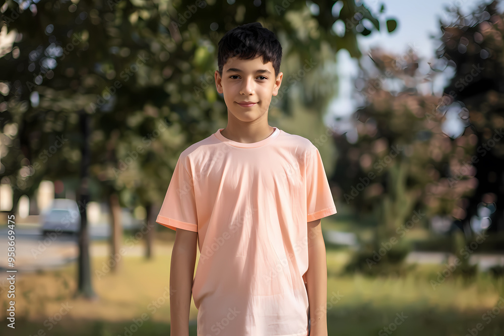 A smiling young boy of Middle Eastern descent stands in a green park, wearing a light pink shirt, exuding happiness and innocence. A smiling young boy of Middle Eastern descent stands in a green park, wearing a light pink shirt, exuding happiness and innocence.