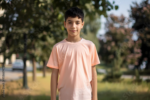 A smiling young boy of Middle Eastern descent stands in a green park, wearing a light pink shirt, exuding happiness and innocence.