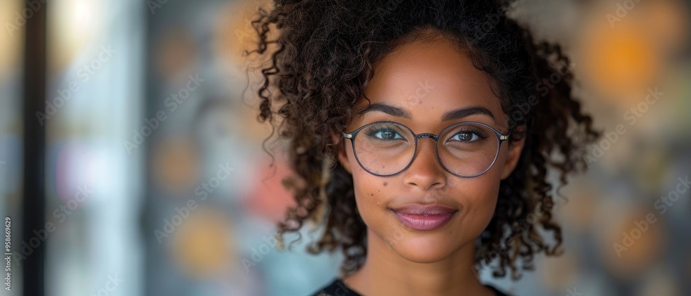 A woman with curly hair and glasses is smiling A woman with curly hair and glasses is smiling