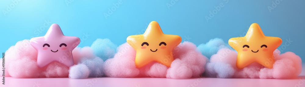 Colorful cute cartoon stars with smiling faces placed on fluffy clouds against a blue background. Perfect for kid-themed designs and cheerful decor. Colorful cute cartoon stars with smiling faces placed on fluffy clouds against a blue background. Perfect for kid-themed designs and cheerful decor.