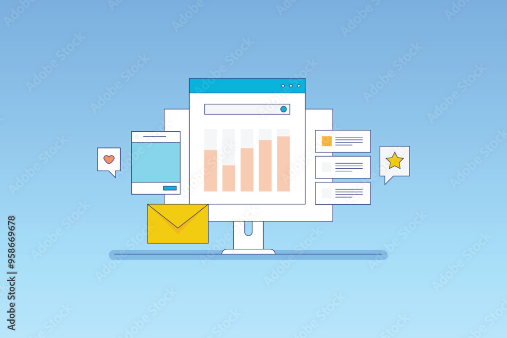 Digital Marketing Report, Analytics software for business, financial and marketing data analysis. Social media, SEO, Email performance report. Vector illustration background. Digital Marketing Report, Analytics software for business, financial and marketing data analysis. Social media, SEO, Email performance report. Vector illustration background.