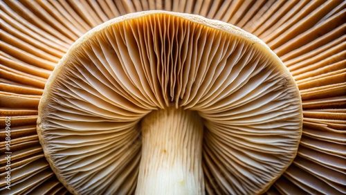 Macro view of a bisected mushroom showcasing intricate gills, sturdy stem, and delicate cap edges, highlighting the photo