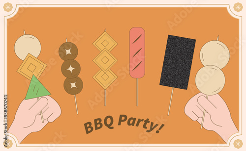 Barbecue ingredient illustration. Asian-style barbecue ingredients including mushrooms, pork blood cake, hot dogs, tofu, and tempura. Suitable for Mid-Autumn Festival-themed illustrations.