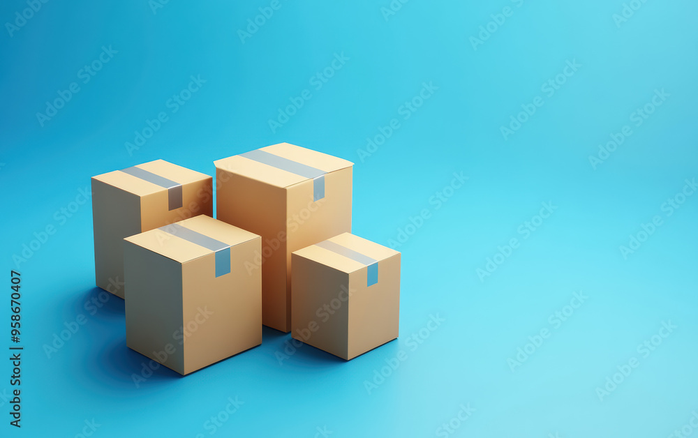 Four cardboard boxes with tape on a bright blue background. Perfect for concepts related to shipping, moving, packaging, and logistics. Four cardboard boxes with tape on a bright blue background. Perfect for concepts related to shipping, moving, packaging, and logistics.