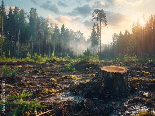 Deforestation Time Lapse Landscape with Lush Forest Transformation to Barren Land photo