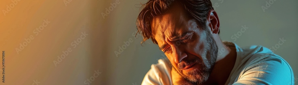 A man grimacing while holding his elbow, suffering from acute joint pain, moody lighting, realistic depiction A man grimacing while holding his elbow, suffering from acute joint pain, moody lighting, realistic depiction