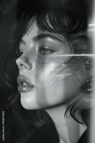 black-and-white artistic portrait of a woman with an ethereal, flowing motion effect that adds a dreamlike quality. Ideal for abstract art, psychological concepts, and emotional expression in photo