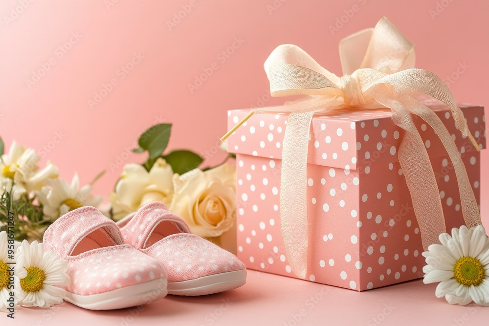 Baby girl shoes and a pink gift box with polka dots on a colored background, copy space for text. Stock photo contest winner, minimalism, pink pastel colors. Generative Ai Baby girl shoes and a pink gift box with polka dots on a colored background, copy space for text. Stock photo contest winner, minimalism, pink pastel colors. Generative Ai