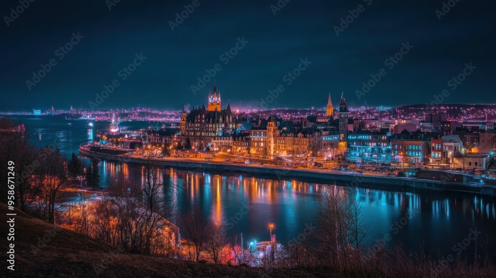 Nighttime Panorama of a City with a River Nighttime Panorama of a City with a River