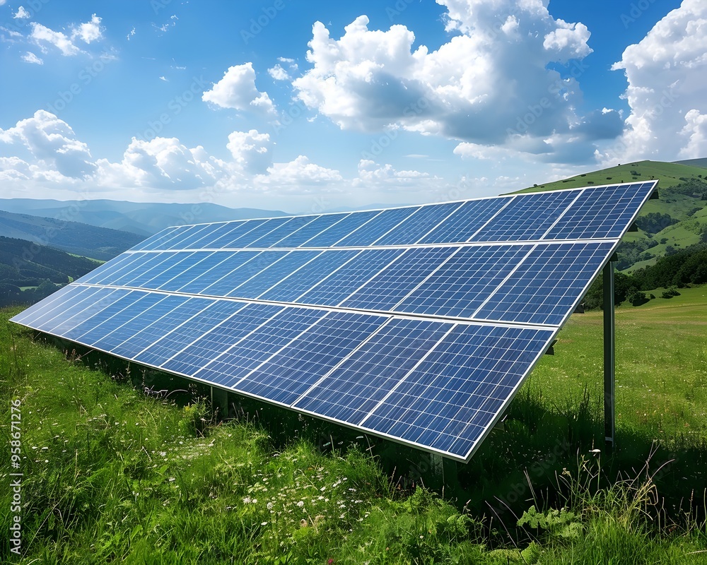 Solar Panel Array on Picturesque Hillside Representing Sustainable Energy Transition