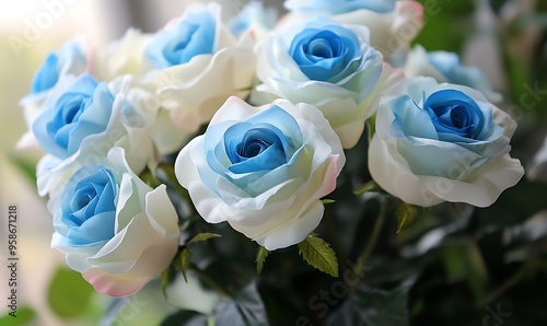 Close-up of a bouquet of white and blue roses with green foliage.
