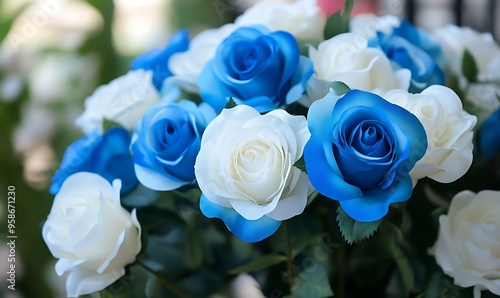 Close-up of Blue and White Roses in a Bouquet