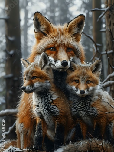 beautiful image of a red fox with its two cubs standing closely together in a serene winter forest. The family bond and natural surroundings evoke a sense of warmth, care, and the wonders of wildlife