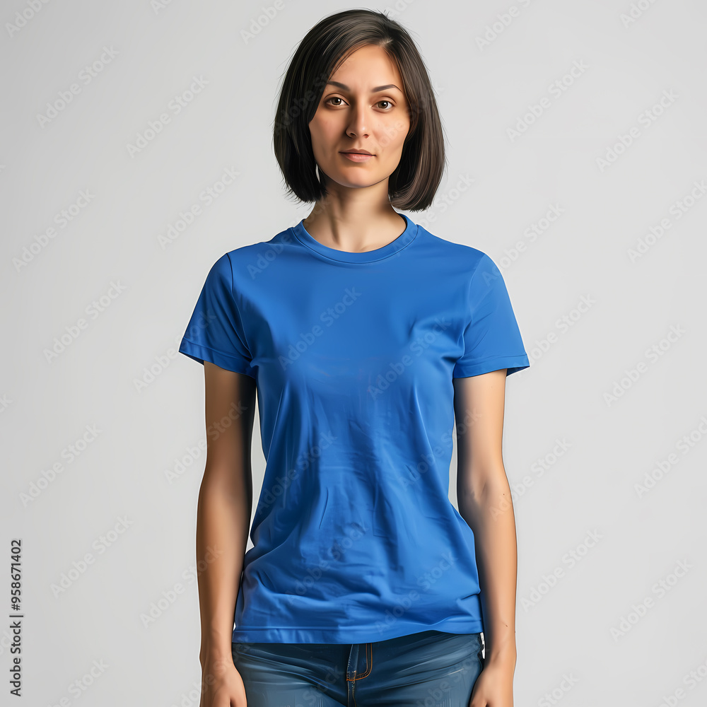 A young Caucasian woman with short hair stands confidently in a blue t-shirt, showcasing a casual and serene atmosphere in a plain backdrop. A young Caucasian woman with short hair stands confidently in a blue t-shirt, showcasing a casual and serene atmosphere in a plain backdrop.