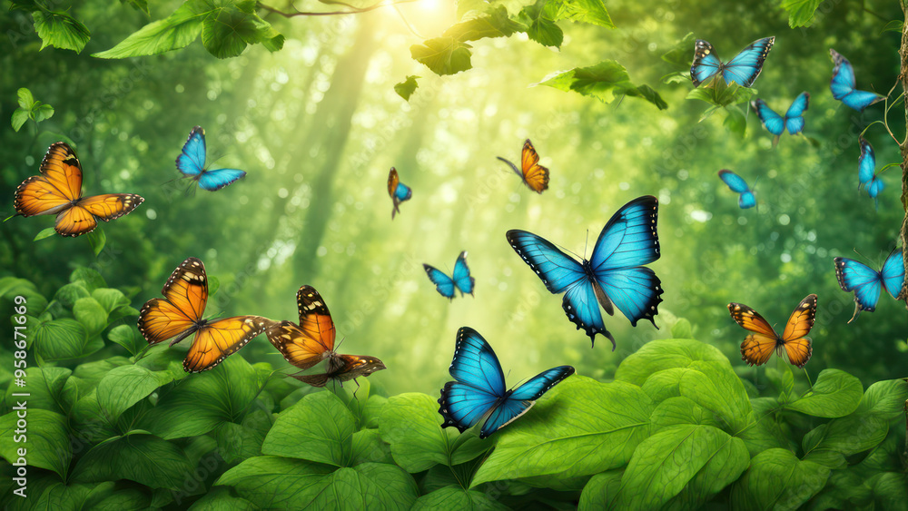 butterflies dancing in the forest in morning and green view butterflies dancing in the forest in morning and green view