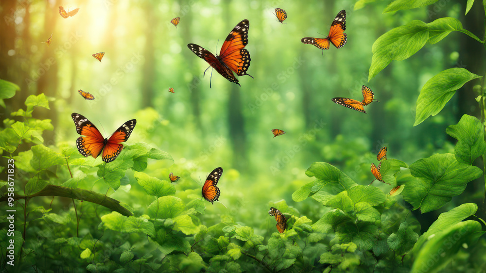 butterflies dancing in the forest in morning and green view butterflies dancing in the forest in morning and green view