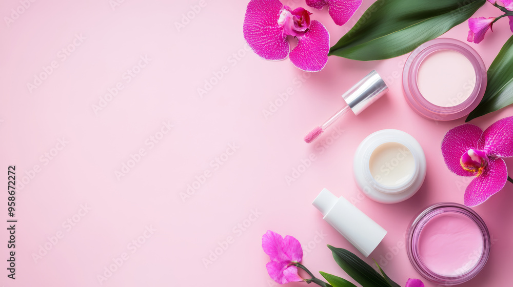 Elegant beauty products arrangement with pink orchids on pastel background. Skincare or cosmetic concept. Copy space for text. Elegant beauty products arrangement with pink orchids on pastel background. Skincare or cosmetic concept. Copy space for text.