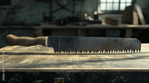 Rusted Hand Saw with Wooden Handle on a Workbench