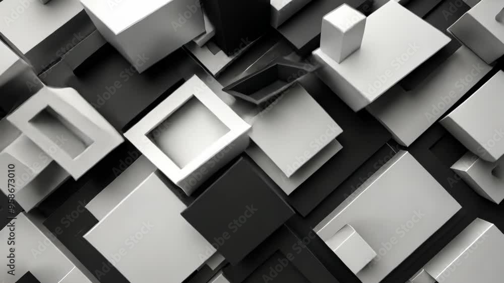Artistic black and white geometric shapes arranged in a dynamic pattern on a flat surface Artistic black and white geometric shapes arranged in a dynamic pattern on a flat surface