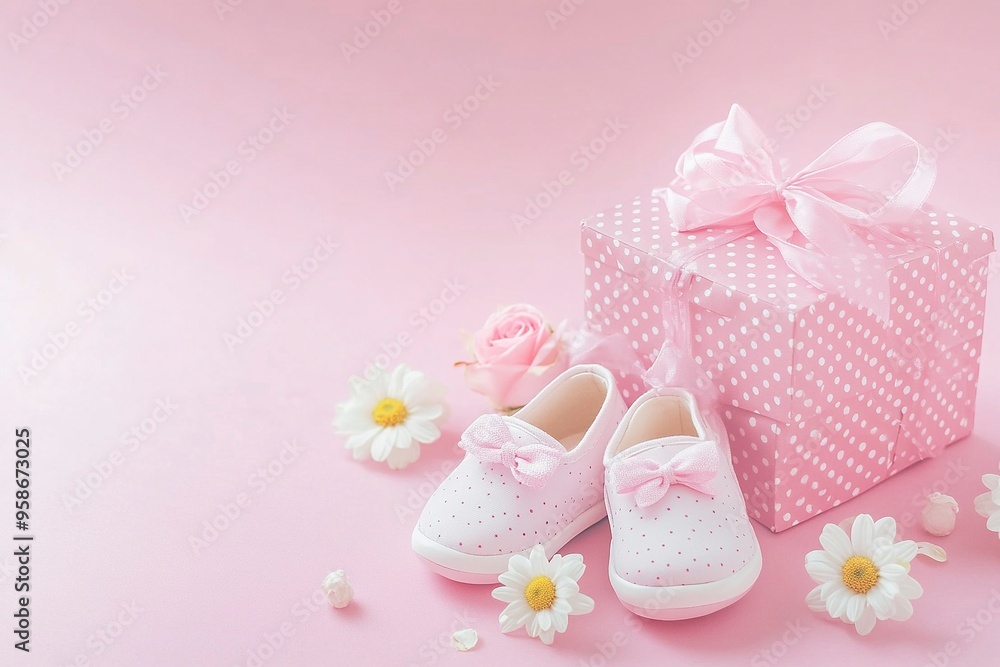 Baby girl shoes and a pink gift box with polka dots on a colored background, copy space for text. Stock photo contest winner, minimalism, pink pastel colors. Generative Ai Baby girl shoes and a pink gift box with polka dots on a colored background, copy space for text. Stock photo contest winner, minimalism, pink pastel colors. Generative Ai