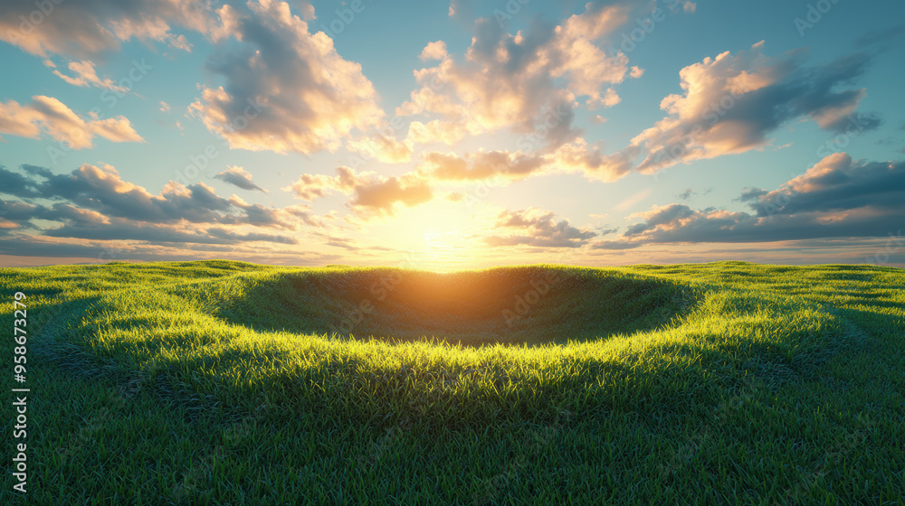 A stunning sunset over a lush green landscape with a unique circular depression in the grass, under a sky filled with scenic clouds.