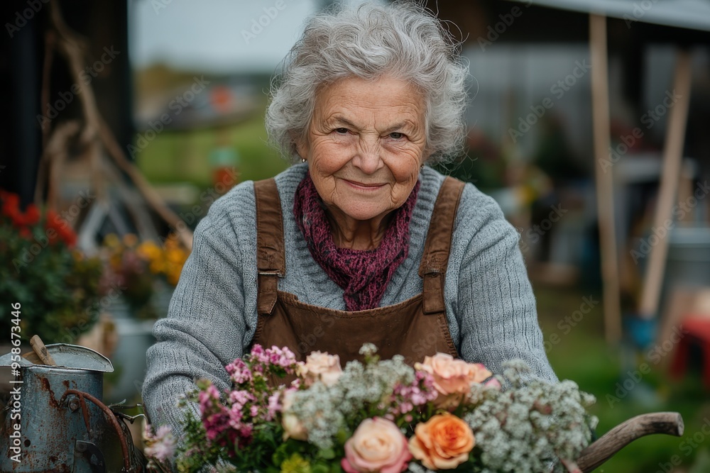 An elderly woman proudly displays her floral creations at a market stall, saturated with colorful flowers, exuding a sense of self-accomplishment and joy. An elderly woman proudly displays her floral creations at a market stall, saturated with colorful flowers, exuding a sense of self-accomplishment and joy.