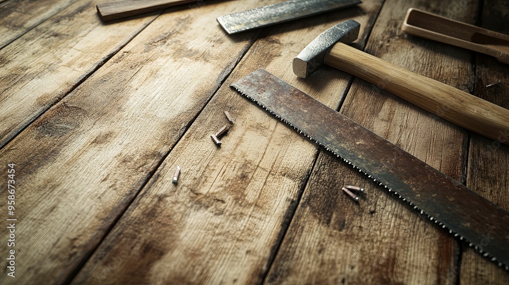 Tools and Nails Scattered on a Wooden Workbench Tools and Nails Scattered on a Wooden Workbench