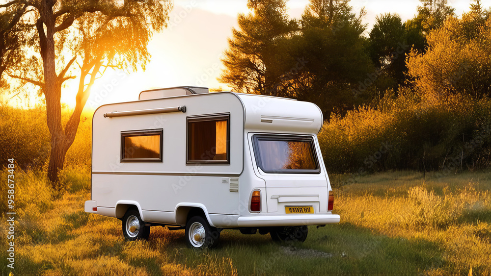 A camper van parked in a scenic landscape during sunset. Travel with camper?van?or motorhome. Resting on an active family vacation on a road trip. A camper van parked in a scenic landscape during sunset. Travel with camper?van?or motorhome. Resting on an active family vacation on a road trip.