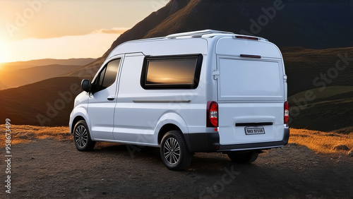 A camper van parked in a scenic landscape during sunset. Travel with camper?van?or motorhome. Resting on an active family vacation on a road trip.