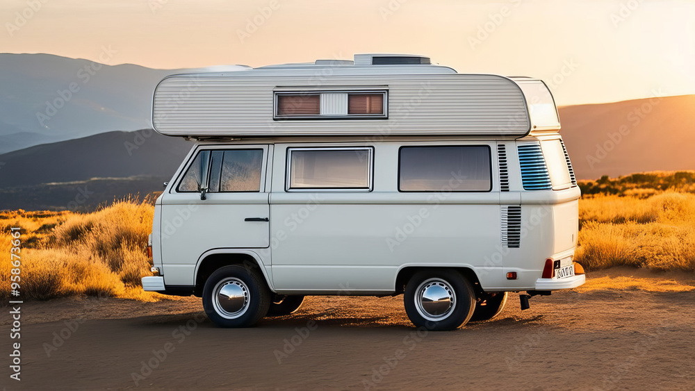 A camper van parked in a scenic landscape during sunset. Travel with camper?van?or motorhome. Resting on an active family vacation on a road trip. A camper van parked in a scenic landscape during sunset. Travel with camper?van?or motorhome. Resting on an active family vacation on a road trip.