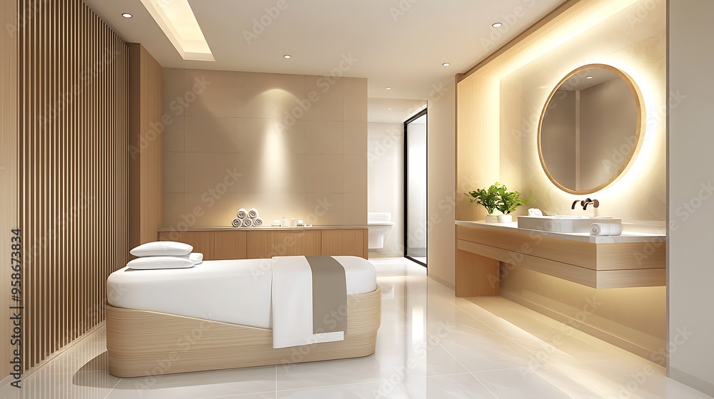 Modern spa bathroom with wooden accents and a massage table, blending elegance and comfort. Modern spa bathroom with wooden accents and a massage table, blending elegance and comfort.