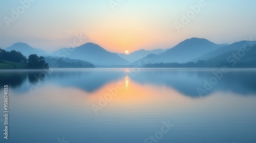 Wallpaper Mural Tranquil Evening by the Lake, a serene body of water reflecting the fading hues of dusk, surrounded by gentle ripples and soft shadows. Torontodigital.ca