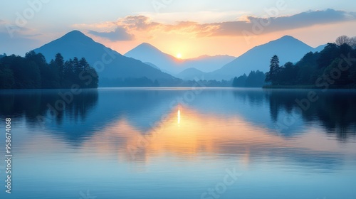 Wallpaper Mural Tranquil Lake at Dusk, serene waters reflecting the fading light, gentle ripples disturbed by a soft breeze, nature's peaceful embrace. Torontodigital.ca