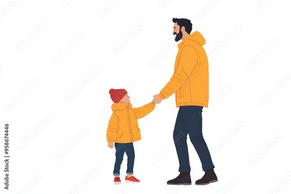 A Heartwarming Moment: A Father and Child Sharing a Bond of Joy and Love in Their Vibrant Winter Outfits Against a Blank Canvas A Heartwarming Moment: A Father and Child Sharing a Bond of Joy and Love in Their Vibrant Winter Outfits Against a Blank Canvas