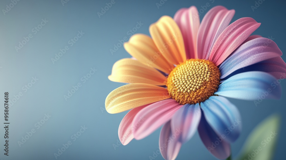 Close-up of a vibrant multicolored daisy against a soft blue background, highlighting the delicate petals and intricate center details. Close-up of a vibrant multicolored daisy against a soft blue background, highlighting the delicate petals and intricate center details.
