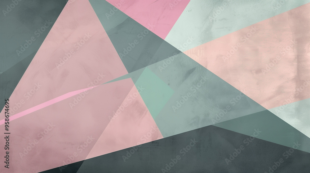 Obraz premium Abstract Geometric Pattern with Overlapping Pastel Triangles in Shades of Pink, Gray, and Teal for Modern Interior Design.