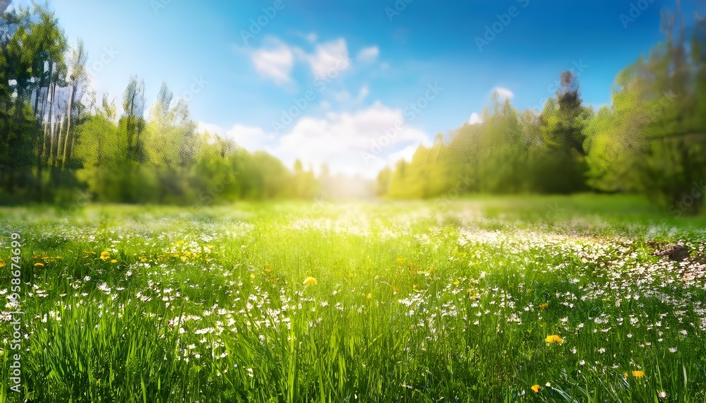 Generative AI spring background with blurred blooming glade, bright blue sky, and trees on a sunny day, ideal for digital projects. Generative AI spring background with blurred blooming glade, bright blue sky, and trees on a sunny day, ideal for digital projects.