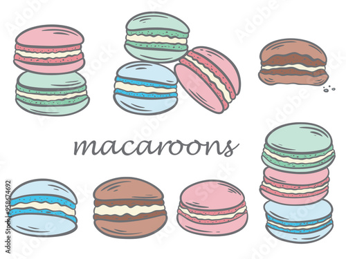 Traditional French pastry macaroons set. Multicolored almond round cookies with jam, hand engraving. Hand drawn cakes in stack, separate clip art, vector graphics