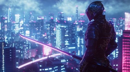 Wallpaper Mural Neon-lit Tokyo skyline in the background, a futuristic samurai with sleek armor and a glowing katana, blending tradition with advanced technology Torontodigital.ca