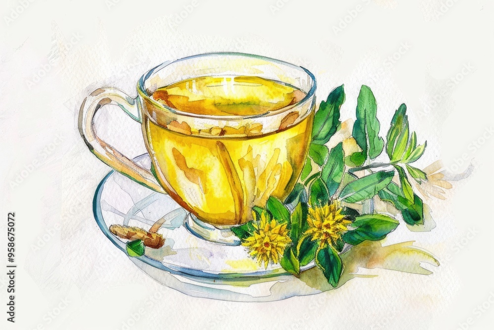 Golden Root Herbal Tea. Hand-drawn Watercolor Illustration of Rhodiola Rosea in Glass Cup Golden Root Herbal Tea. Hand-drawn Watercolor Illustration of Rhodiola Rosea in Glass Cup